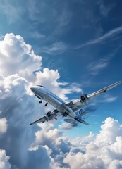Fototapeta premium Plane flying through a clear blue sky with white and gray cloud formations, aerial view, blue sky, flight