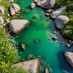 Naklejka premium Crystal-clear turquoise waters in a serene river adorned with rocks and wildflowers provide a peaceful retreat into nature, showcasing stunning color and tranquility