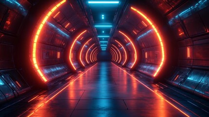 Sci-Fi Corridor with Red Neon Lighting and Sleek Design. Generative AI