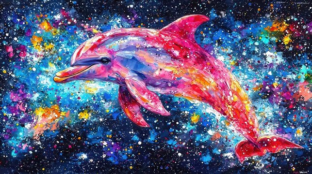 A vivid, colorful depiction of an imaginative dolphin swimming through a cosmic wonderland filled with vibrant stars and galaxies. Copy space for text