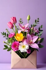Obraz premium An open envelope with floral arrangements of tulips, roses, carnations, eucalyptus on a white background. The concept of congratulations on March 8th, Birthday. With space for the text. Vertical photo