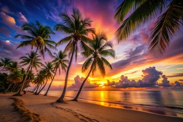Low-angle sunset captures silhouetted palm trees on a long-exposure sandy beach, ocean waves blurring softly.