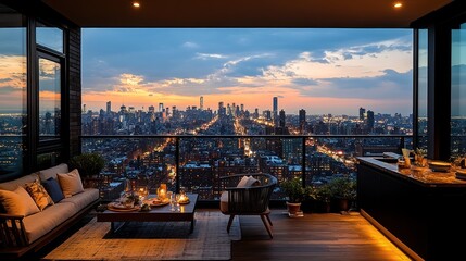 Naklejka premium Luxurious penthouse balcony with city sunset view, outdoor furniture, and ambient lighting.