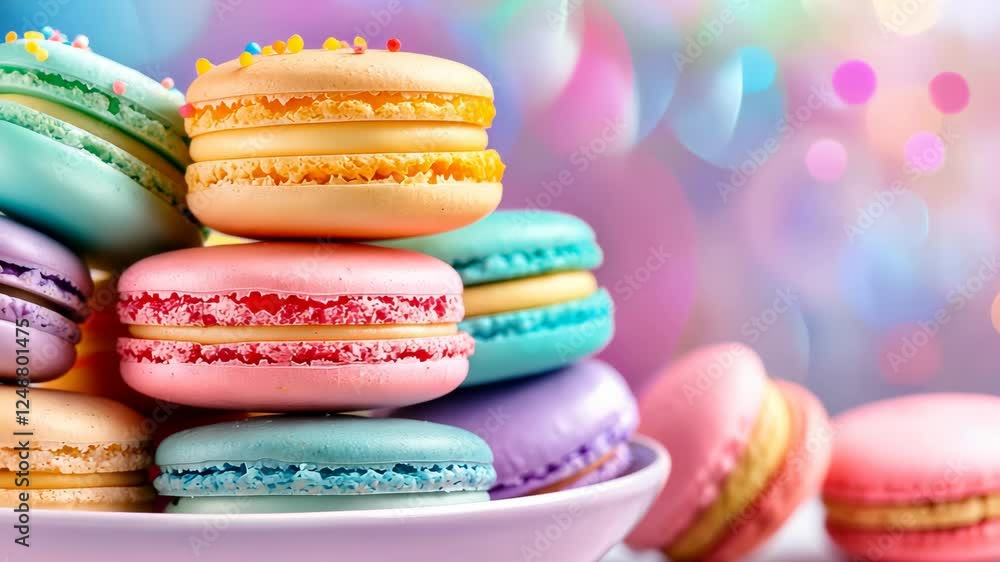 Poster plate of colorful macarons stacked on top of each other. the macarons are of different colors and fl