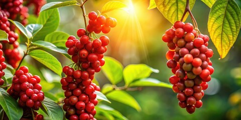 Lush green schisandra leaves cloak a mature vine, wild berries hinting at autumn's arrival.