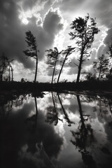 Trees, Reflection, Water surface, Dark clouds, Black - and - white, Nature, Wetland, Landscape, Sky, Storm