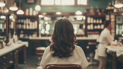 Woman getting haircut, vintage barbershop, mirrors, styling