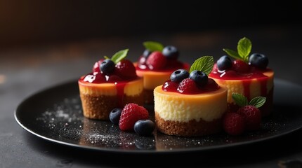 Delightful mini cheesecakes topped with fresh berries and fruit sauces