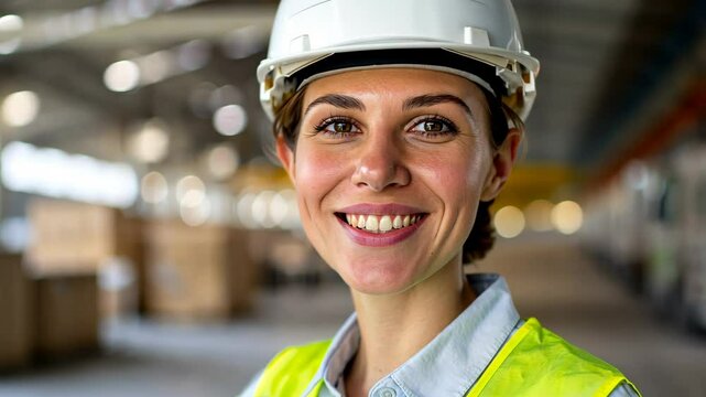 Woman wearing a hard hat and safety vest is smiling. She is wearing a yellow vest and a white shirt
