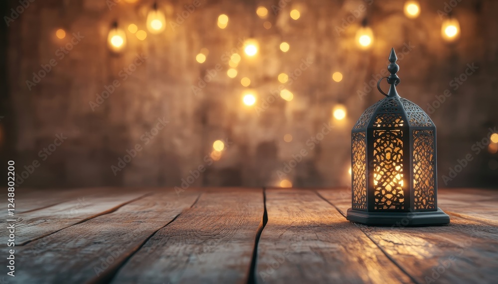 Aufkleber ornamental lantern glowing on rustic wooden table with bokeh lights