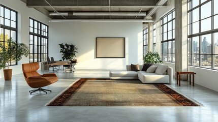 Modern loft apartment interior with large windows, sectional sofa, and area rug.