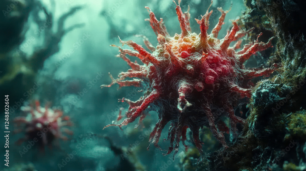 Poster virus floating in a microscopic underwater environment, featuring tentacle-like structures