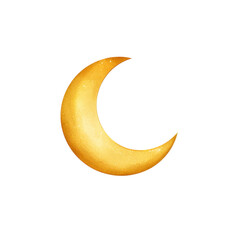 Golden crescent moon against a white isolated background.