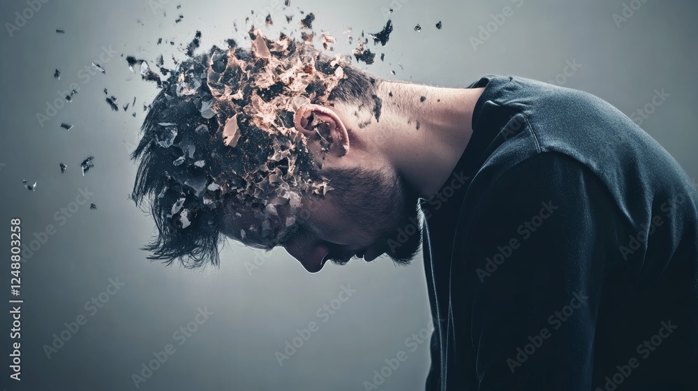 Poster Man suffering from burnout syndrome with his head exploding, experiencing information overload and stress, depicting mental health problems