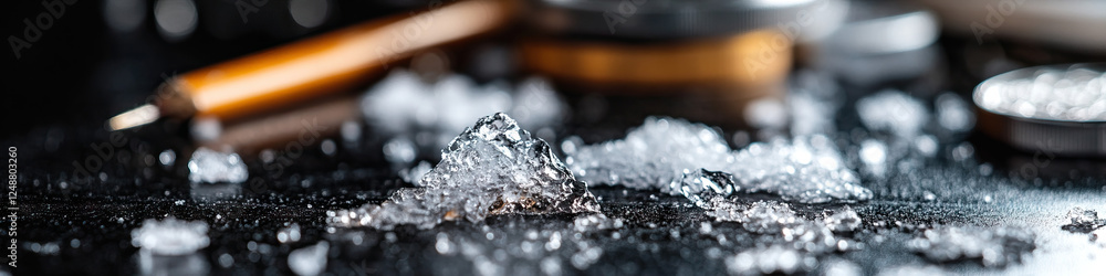 Poster ice fragments on dark surface with out-of-focus background objects