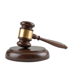 A 3D Rendered Image of a Wooden Gavel with a Gold Band Resting on a Wooden Base Against a Black Background.