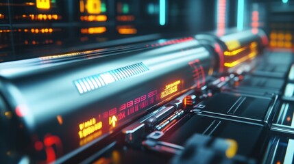 High tech data center showcasing futuristic equipment with glowing digital displays and intricate circuitry. The scene highlights cutting edge technology and innovation in data processing