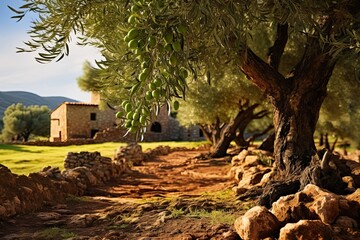 Fototapeta premium Olive trees abundant with olives await harvest for extra virgin olive oil