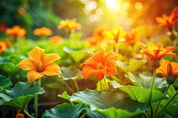 Miniature pumpkin blooms amidst enchanting summer flowers in a tilt-shift wonderland.