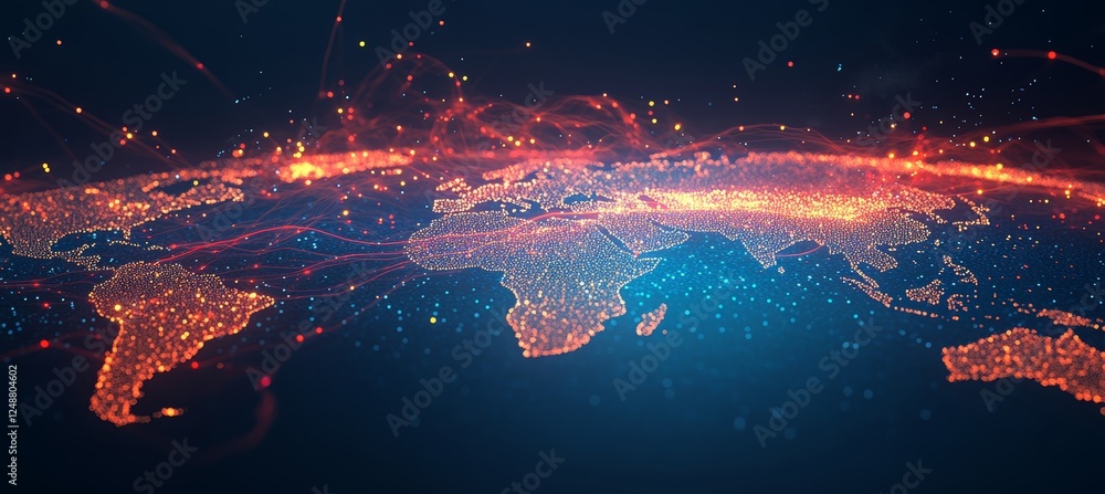 Poster abstract world map with glowing points and lines, connections and data exchange concept