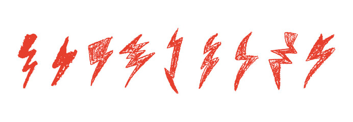Set of lightning by wax pencil drawing. Collection of handdrawing chalk , light flash signs, Doodle thunder bolts, red color design elements. Graffiti style weather symbols. Vector illustration