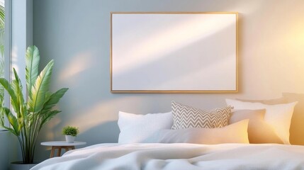 A cozy bedroom with a minimalistic design and a potted plant by the window. Generative AI