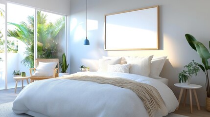 Bright and airy bedroom with indoor plants and modern decor elements. Generative AI
