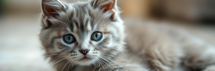 Fluffy gray kitten with striking blue eyes resting indoors in warm lighting