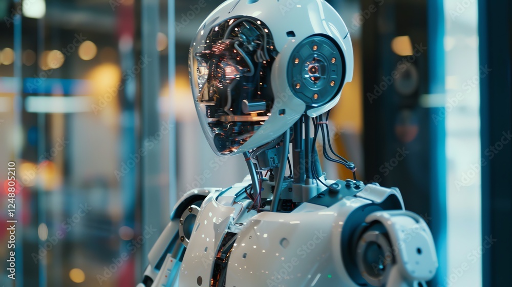 Poster close-up of a humanoid robot with a transparent head.