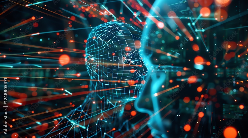 Poster a 3d rendering of two wireframe human heads facing each other, with colorful lines and lights swirli