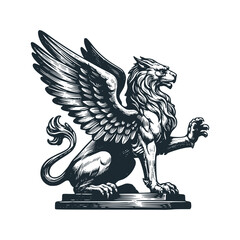 Winged lion. Black white vector illustration.