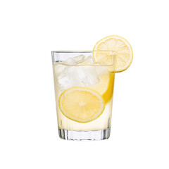 Refreshing lemonade in a glass with ice and lemon slice, white isolated background.