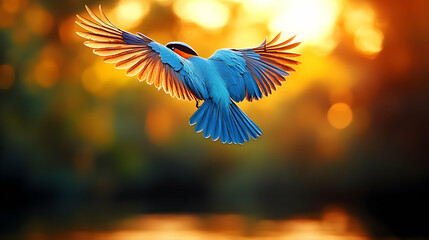 Obraz premium Flying Kingfisher At Sunset