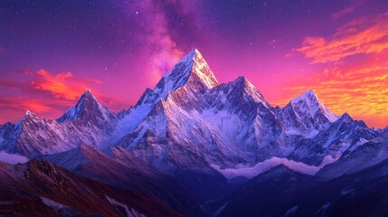 Majestic snow-capped mountain range at sunset under a vibrant sky.
