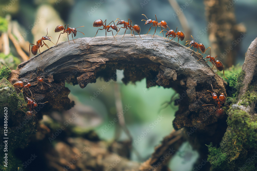 Poster team of industrious ants collaboratively constructing a sturdy bridge over a natural obstacle in the