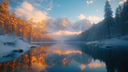 Fototapeta premium Majestic sunrise over snow-capped mountains reflected in a calm lake.
