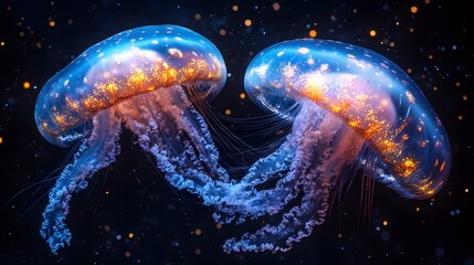 Vivid Bioluminescent Jellyfish Glowing Underwater in a Mesmerizing Deep-Sea Display

