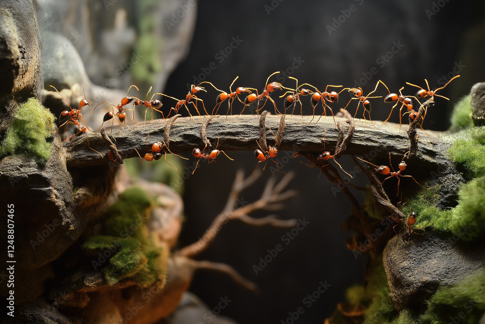 Poster team of industrious ants collaboratively constructing a sturdy bridge over a natural obstacle in the