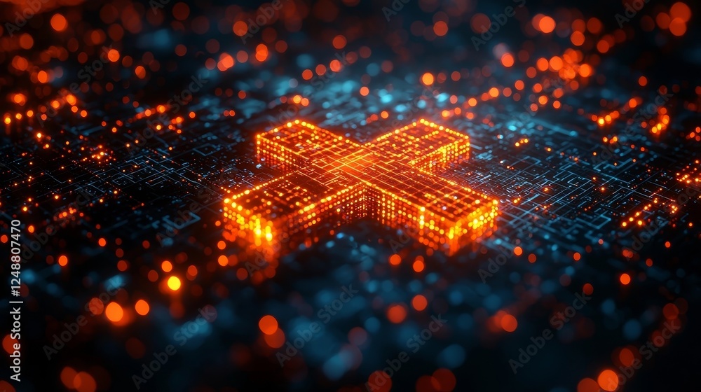Aufkleber futuristic holographic cross in digital matrix with glowing grids and patterns