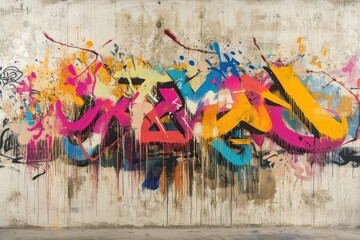 Naklejka premium urban street art mural featuring layered, vibrant graffiti tags and wildstyle lettering, paint drips and faded edges create depth, neon colors pop against concrete wall