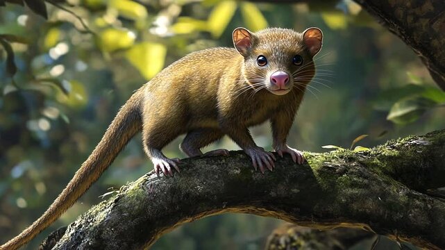 Close-up of a Brownish-Furred Extinct Mammal on a Tree Branch