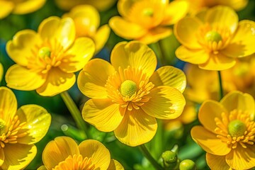 Yellow buttercup flowers in sunlight delicate flower wallpaper concept