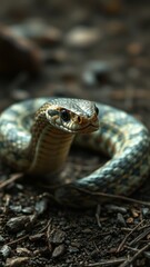 Fototapeta premium Slender snake coiled on forest floor with detailed scales in natural habitat during daylight