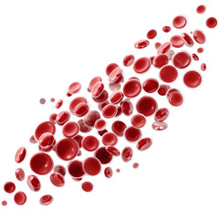 A close-up view of red blood cells suspended in mid-air against a black background.