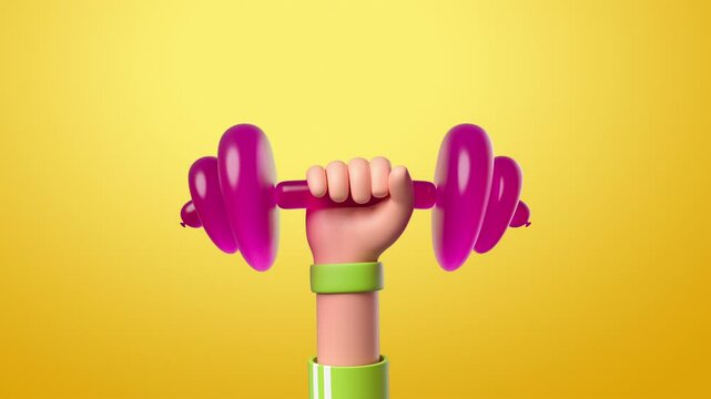 3d render animation, abstract modern fitness concept, cartoon character flexible boneless hands hold balloon weights, objects isolated on yellow background.