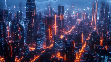 A cityscape with orange lights illuminating the buildings. The city appears to be futuristic and technologically advanced
