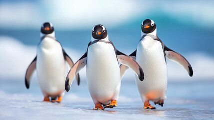 Obraz premium Three curious penguins waddle across icy shores of Antarctica while gazing directly at the camera, surrounded by the beautiful blue ocean waves in the background