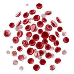 A close-up view of red blood cells suspended in mid-air against a black background.