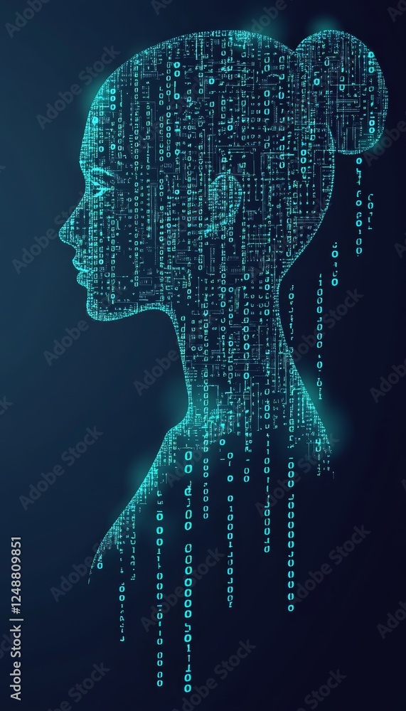 Poster profile of a human head formed by abstract circuit boards and binary code, ai concept.