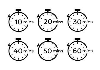 Timer, clock, stopwatch set. Vector timer icon 10, 20, 30, 40, 50, 60 min.
